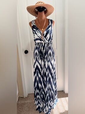 INC International Concepts Navy and White Ikat Wrap Maxi Dress